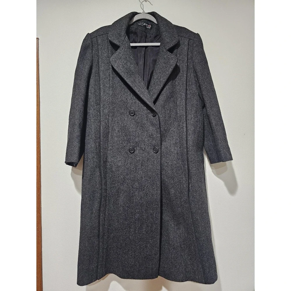 Alorna Coat Womens Medium Petite Gray Wool Herringbone Overcoat Long‎ Lined USA